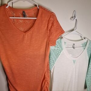 Vanity Orange Crochet Sleeve Tee & Vanity White with Mint Crochet Sz Med 2 Tops